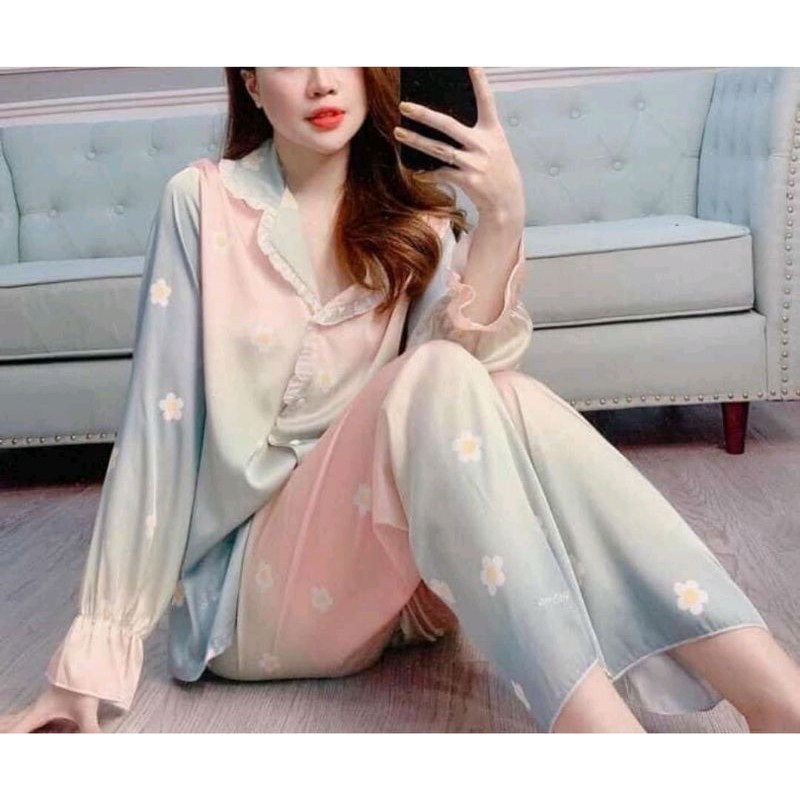 Bộ Pijama lụa satin họa tiết cộc, dài