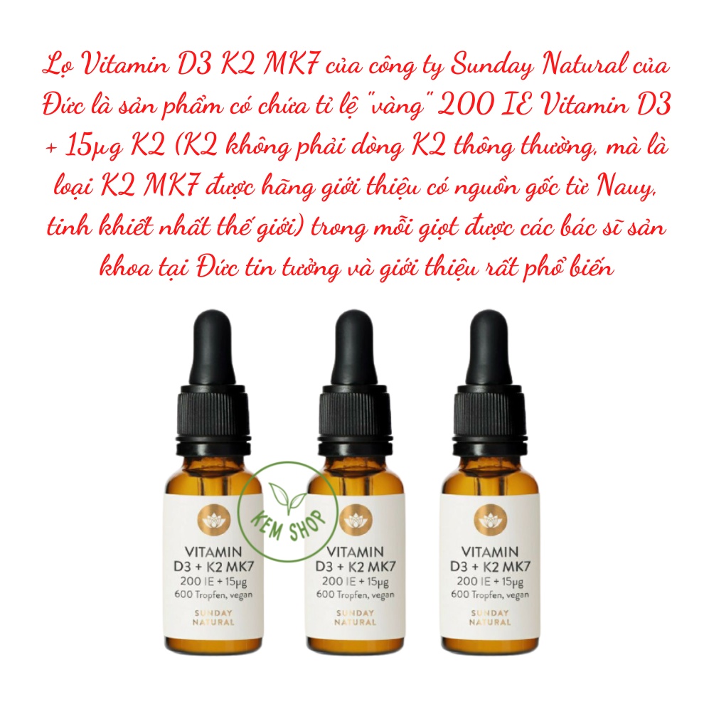 [CHUẨN AUTH] Vitamin D3 K2 MK7 Sunday Natural Đức 20ml Cho Trẻ Từ Sơ Sinh Đến 4 Tuổi, Tăng Hấp Thụ Canxi tăng chiều cao