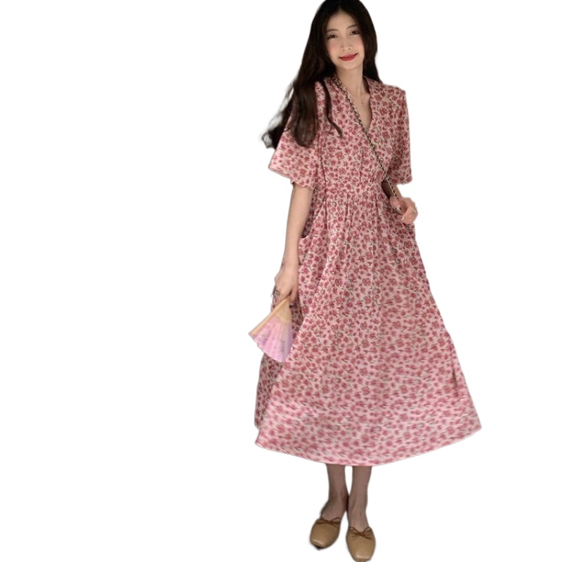 Đầm Perty in hoa dáng xòe ngắn tay cổ chữ V ôm eo thời trang hè mới cho nữ