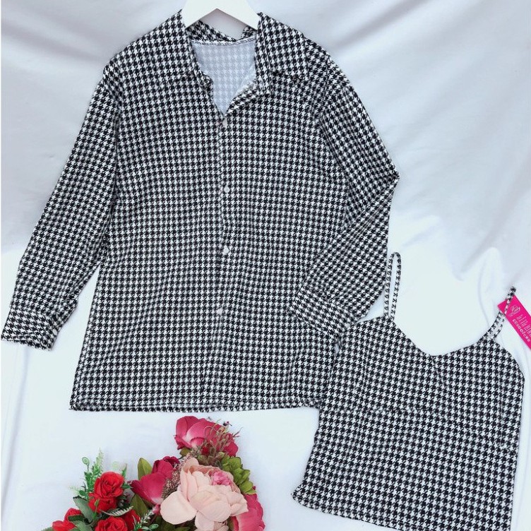 Set Áo Sơ Mi Kèm Áo Hai Dây Kẻ Caro Phong Cách | BigBuy360 - bigbuy360.vn