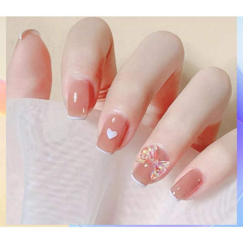 Móng giả thiết kế Quỳnh Quỳnh Nail hộp 10 móng kèm keo dũa màu nude đính nơ