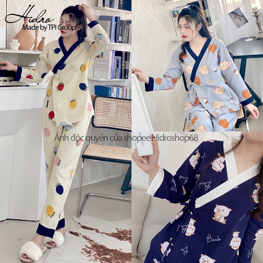 Bộ Pijama Kimono Dài Tay Phối Viền Họa Tiết Dễ Thương Chất Mềm Mịn