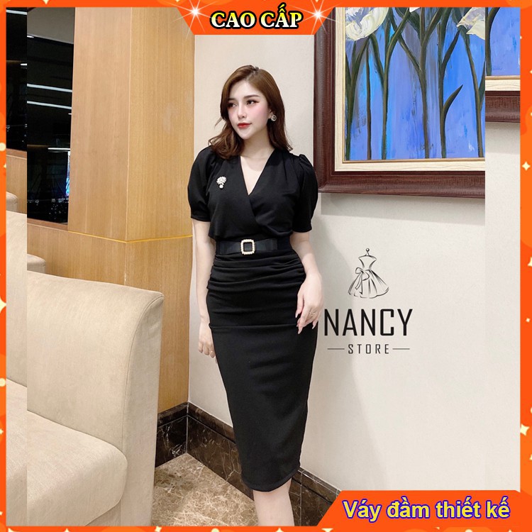 Đầm dạ hội Đầm váy nữ body cổ chéo, tay ngắn, hoa ngực, ngọc đính eo cao cấp sang chảnh dự tiệc màu đỏ đen công sở Nancy