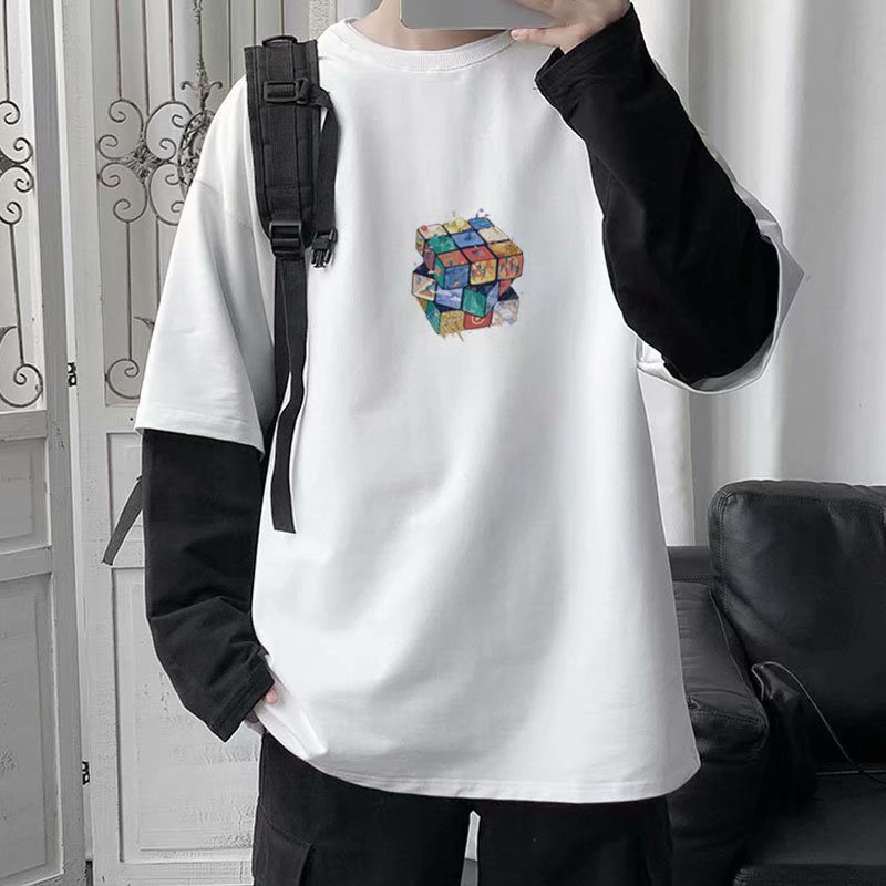 Áo Sweater Cổ Tròn Giả Hai Lớp Form Rộng In Họa Tiết Thời Trang Xu Hướng Hàn Quốc