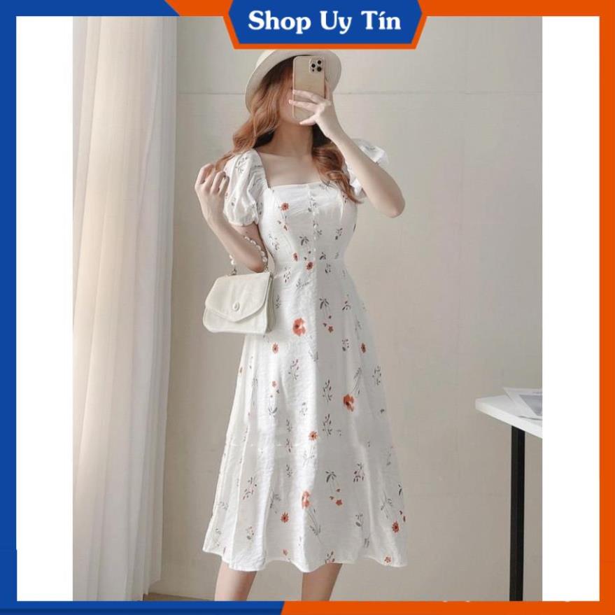 Đầm dự tiệc  váy hoa nhí công sở cổ U dáng xòe màu trắng trễ vai, tay dáng phồng nhẹ nhàng Vintage VD050