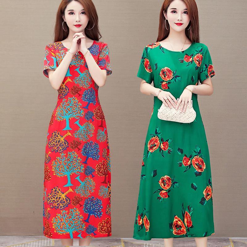 đầm thời trangBà mẹ trung niên váy lụa cotton cỡ lớn mùa hè quý phái rayon ngắn tay hoa cho người và cao tuổi d