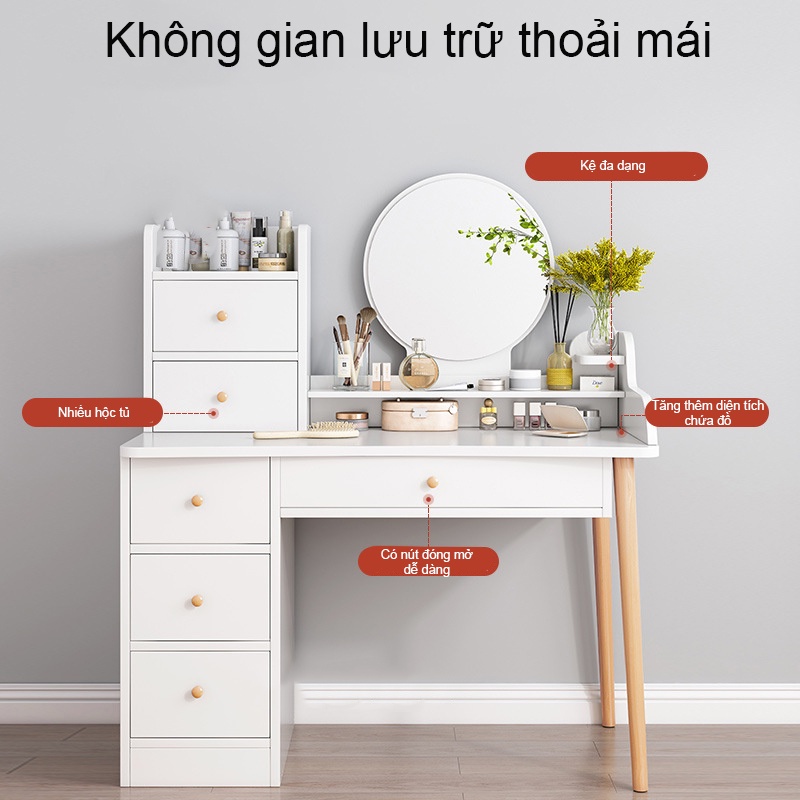 Bàn trang điểm chân gỗ tự nhiên chắc chắn kèm tủ lưu trữ đồ đa năng, bàn phấn đơn giản hiện đại có đèn LED cảm ứng