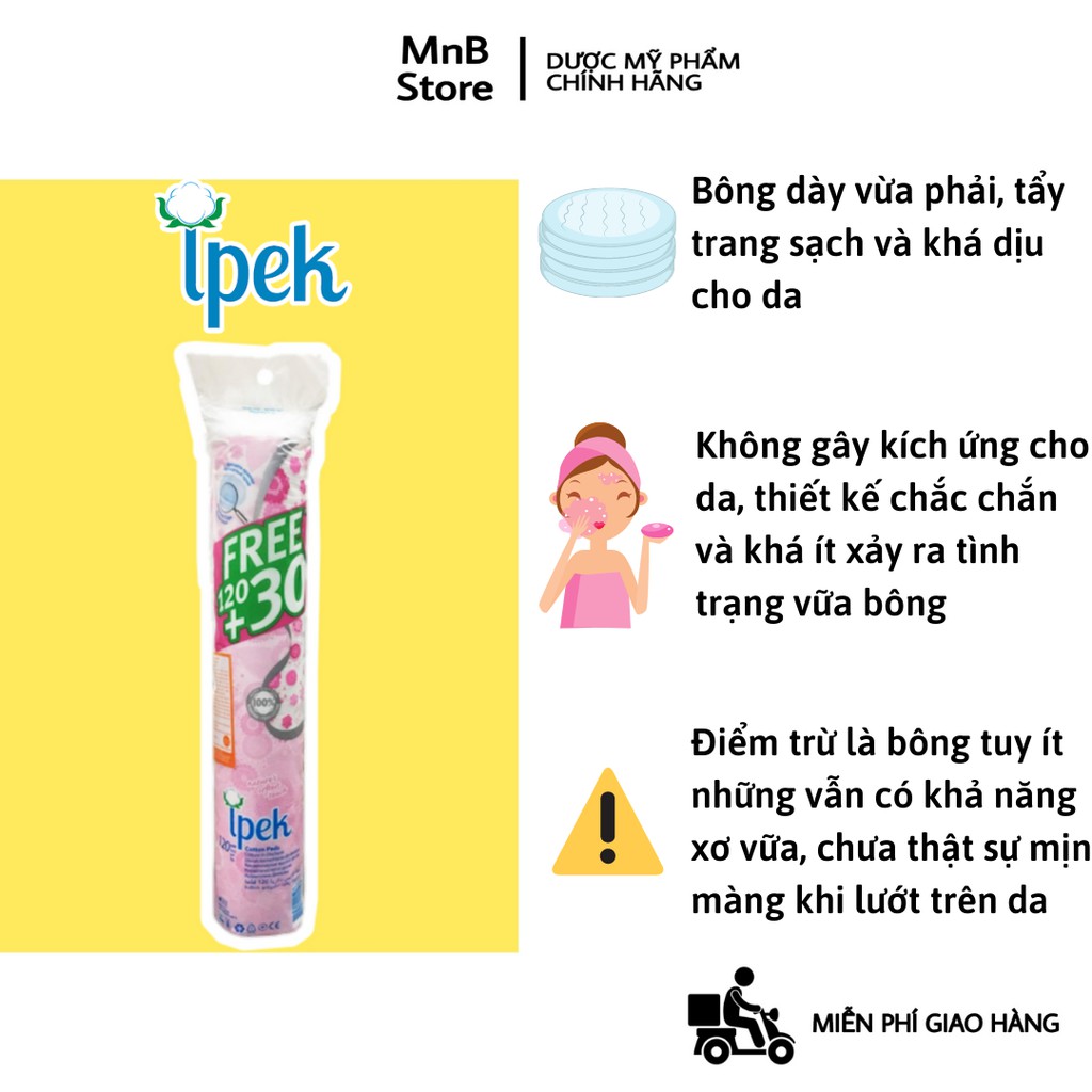 Bông tẩy trang IPEK 130 miếng siêu mềm, siêu mịn, an toàn dịu nhẹ cho da nhạy cảm - MnB Store