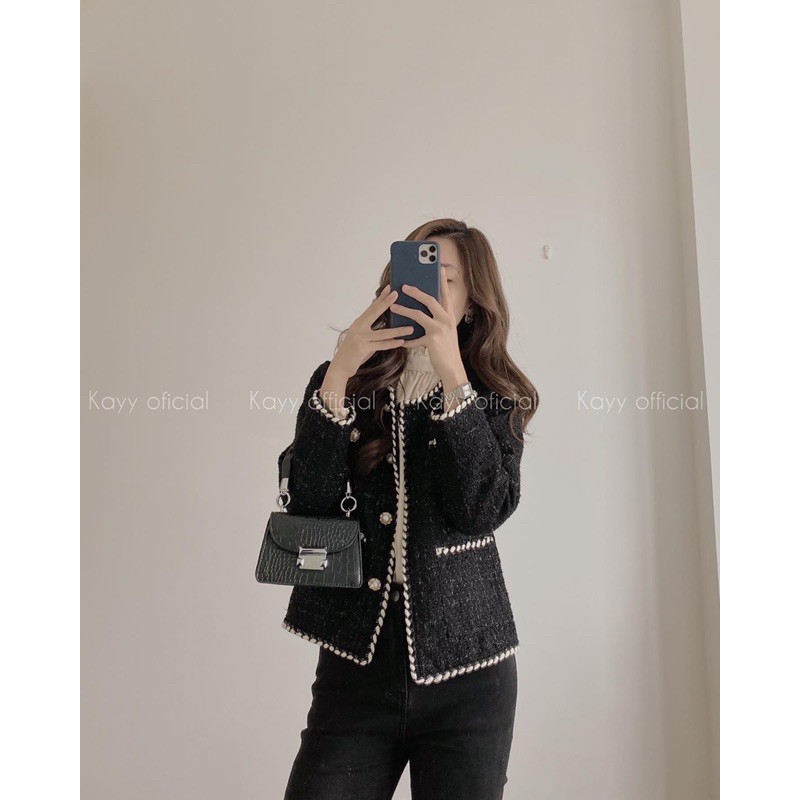 (CÓ SĂN) Áo khoác dạ tweed mỏng đen khuy ngọc sz ml | BigBuy360 - bigbuy360.vn