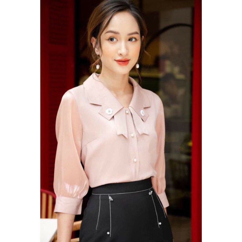 Sơ mi thiết kế tơ lụa cổ nơ