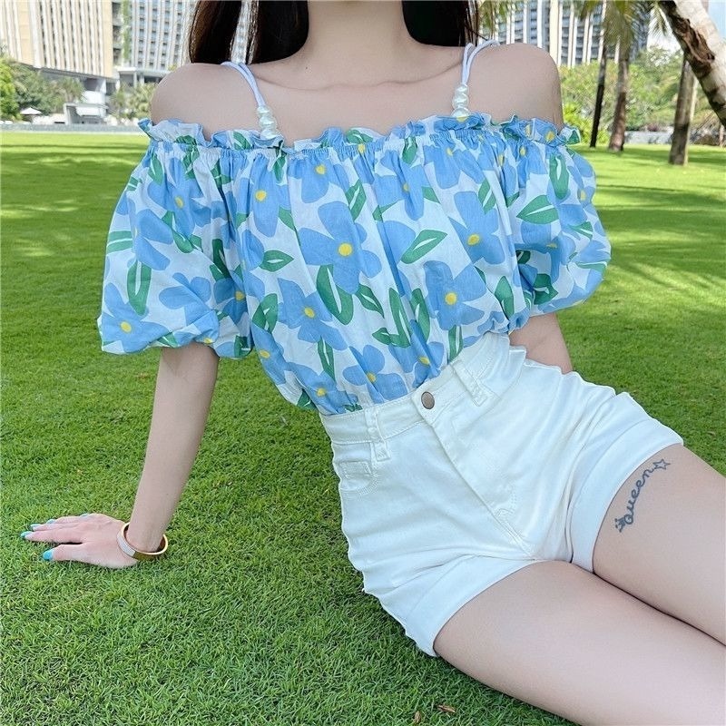 Áo Trễ Vai Ngắn Tay Họa Tiết Hoa Phong Cách Hàn Quốc Dành Cho Nữ