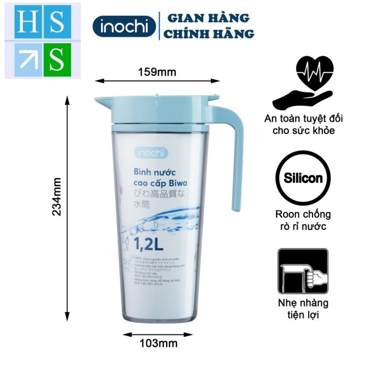 Bình nước Biwa 1200ml INOCHI sản xuất từ chất liệu nhựa AS nguyên sinh an toàn, bền và đặc biệt không gây độc hại