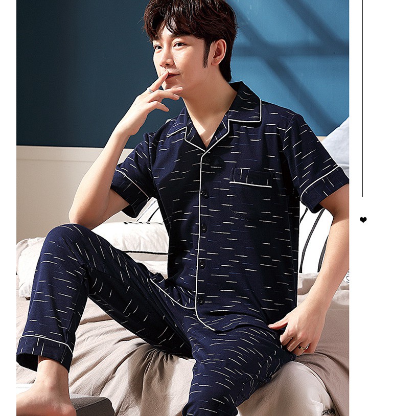 2016-BỘ PIJAMA NAM áo cộc tay - chất COTTON 100% tự nhiên, tông trắng sọc đen