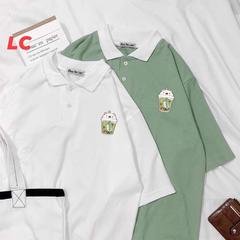 Áo thun tay lỡ Trà sữa áo phông tay lỡ cổ bẻ unisex nam nữ form rộng