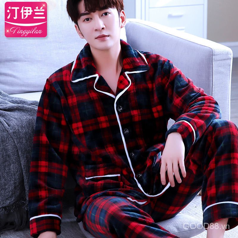 Bộ đồ ngủ tay dài dáng rộng bằng vải flannel phối họa tiết kẻ sọc thời trang thu đông cho nam