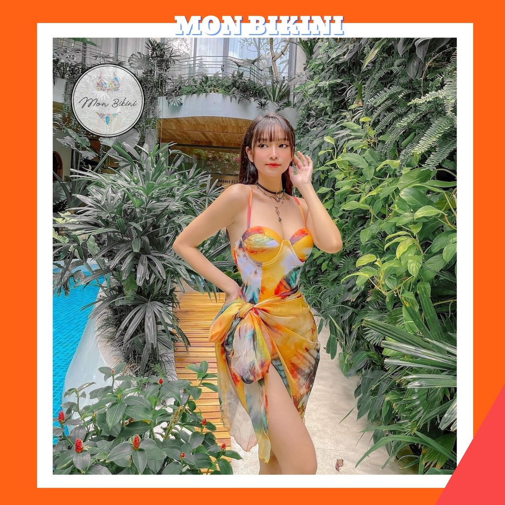 Đồ bơi, Bikini liền thân 2 màu kèm voan, khăn choàng đi biển (Hình ảnh thật 100%) Mon bikini BKN22