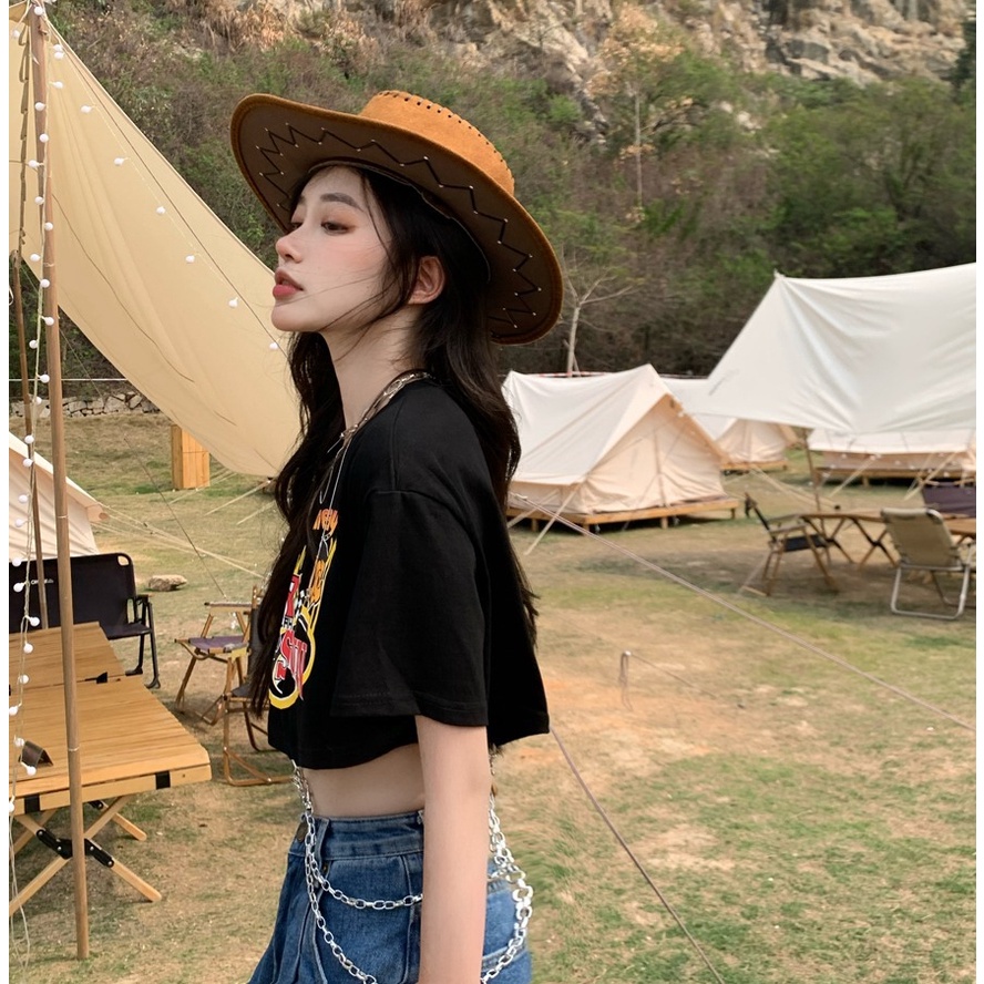 Áo Thun Lửng Instagram Quyến Rũ Dễ Phối Đồ Cho Nữ Áo Thun Tay Ngắn Màu Đen Thời Trang Cho Nữ