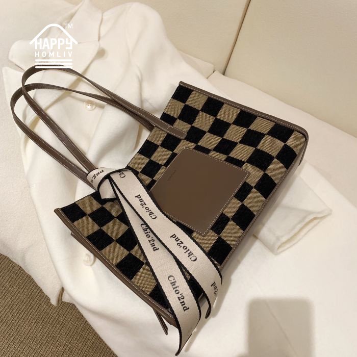 HAPPY HOMLIV Túi Tote Đeo Vai Cỡ A4 Họa Tiết Sọc Caro Phong Cách Retro Thời Trang Cho Nữ