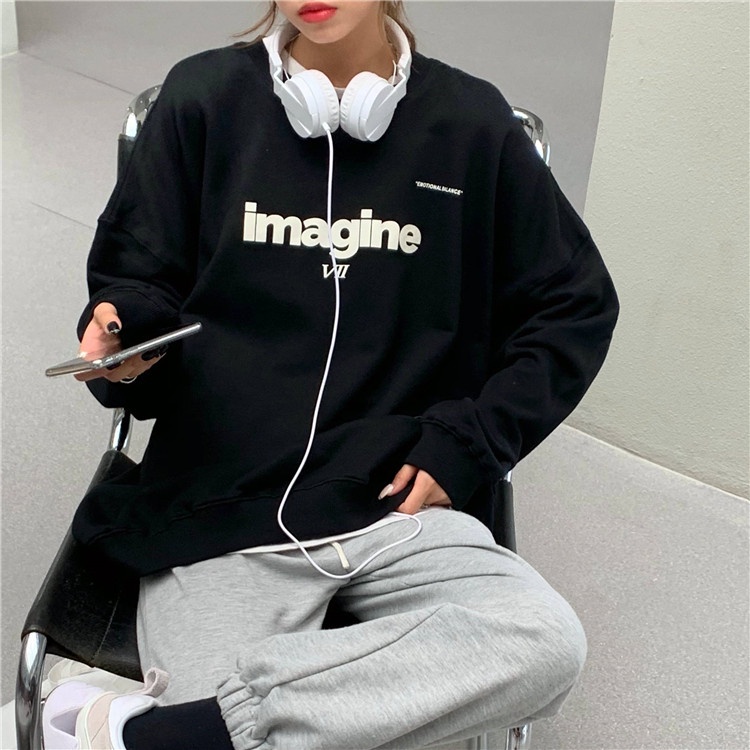 Áo sweater cổ tròn tay dài dáng rộng in chữ phong cách Hàn Quốc thời trang xuân thu mới cho nữ