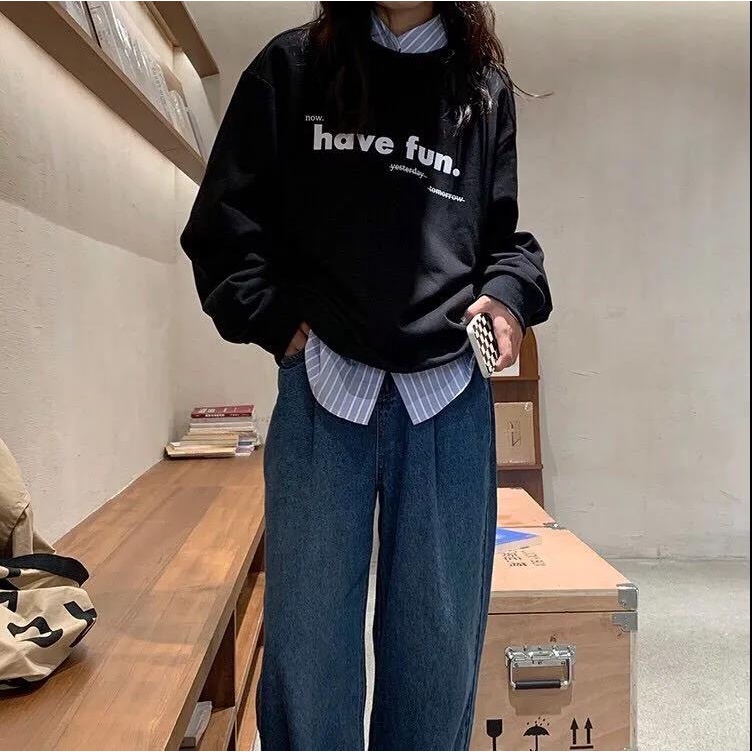 【ZHELIHANGFEI】Áo Thun Nỉ Tay Dài Dáng Rộng In Chữ Trẻ Trung Năng Động Hợp Thời Trang