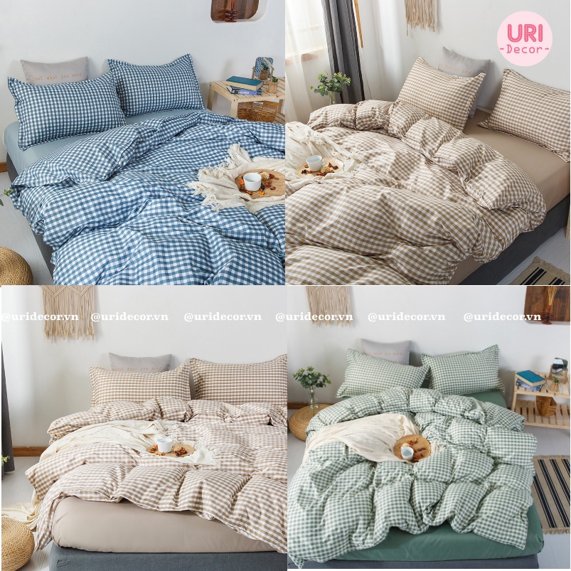 Bộ chăn ga giường và vỏ gối Cotton Poly Uri Decor đáng yêu Hàn Quốc in 3D hình kẻ ô vuông nhỏ đủ size kích thước nệm