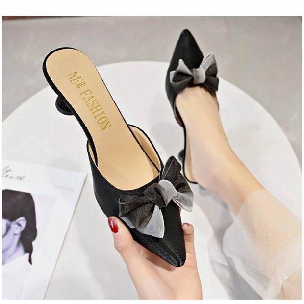 Dép guốc nữ phối nơ gót 5cm điệu đà