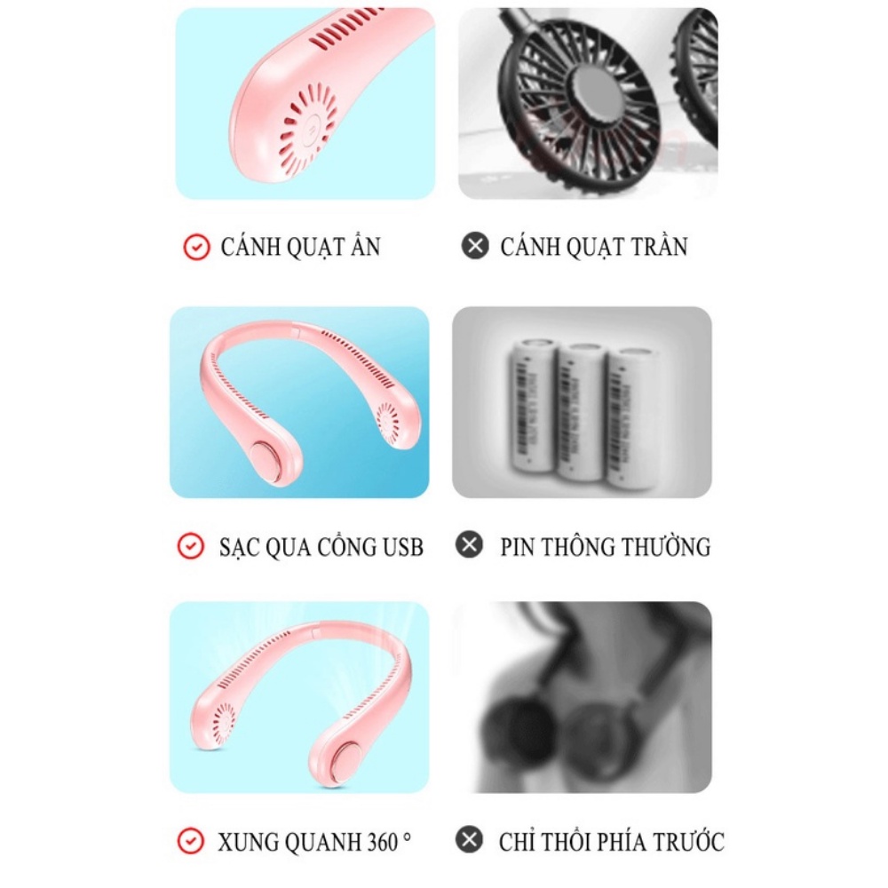 Quạt đeo cổ mini không cánh, 3 cấp độ gió, sạc pin dung lượng 4000mAh, gió đa chiều, bảo hành 12 tháng