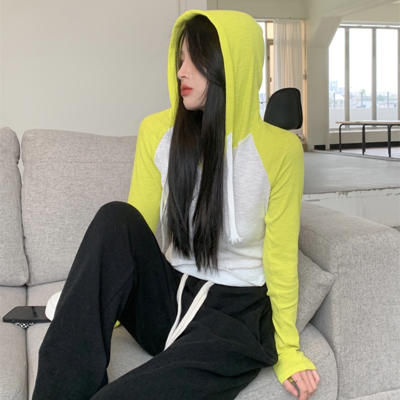 Áo Thun Tay Dài Có Mũ Phối Màu Tương Phản Thời Trang Mùa Hè Dễ Phối Đồ Cho Nữ