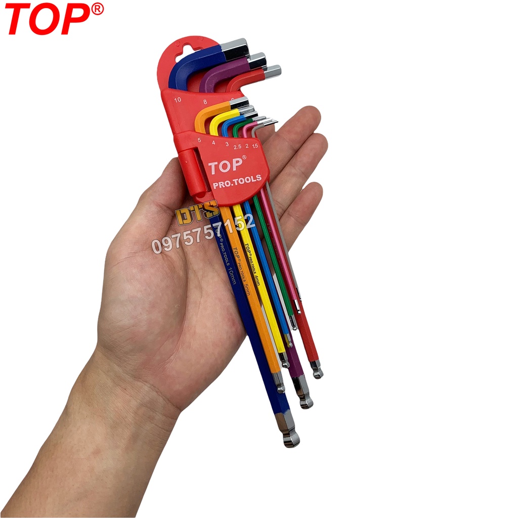 Bộ lục giác đầu bi 9 món dài nhiều màu sắc TOP PRO.TOOLS bộ khóa lục giác bi thép C60 siêu cứng - Tiêu chuẩn công nghiệp
