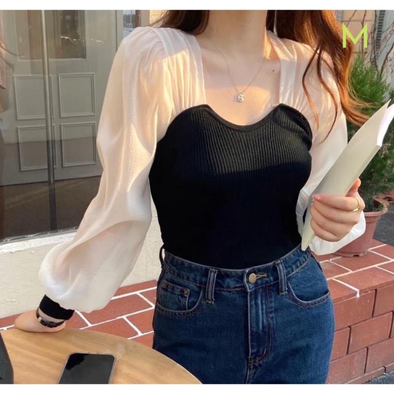 Áo Kiểu Nữ Cổ Vuông Phối Tay Voan, Áo Bánh Bèo Chất Len Tăm Siêu Hot