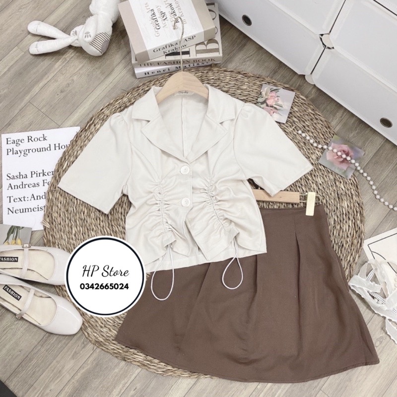 Sét áo cổ vest nhúm 2 bên mix chân váy xếp ly to siêu xinh