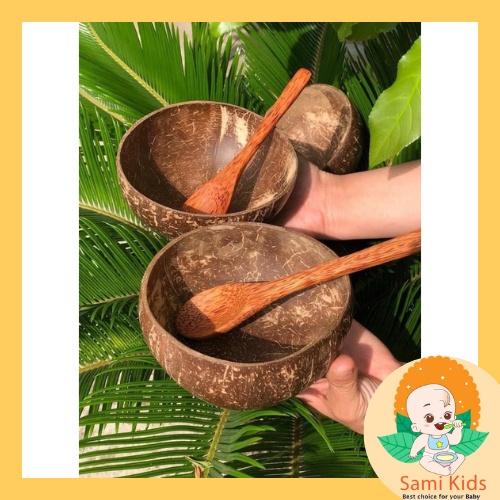 Bát gáo dừa kèm muỗng ăn granola, cháo, cơm, canh, chén thìa đựng đồ ăn dặm SAMI KIDS