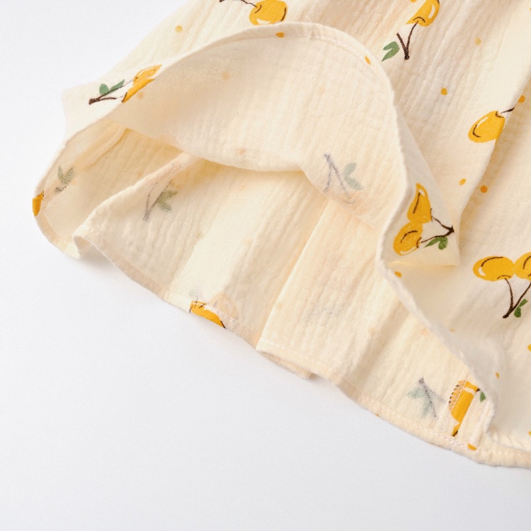 Váy Bé Gái Carrot Đầm Xòe Tay Lỡ Cổ Sen, Họa Tiết Quả Cherry, Chất Xô Muslin Mềm, Thoáng Mát