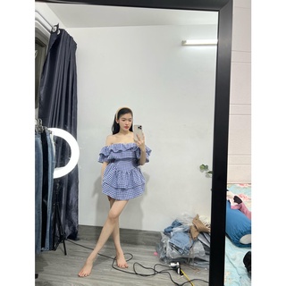 Mi set đầm trễ vai họa tiết caro xanh
