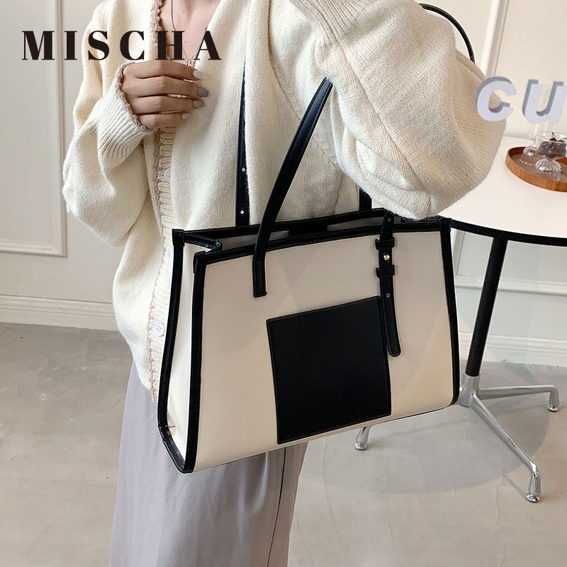 Mischa Túi Xách Da PU Đeo Vai Màu Tương Phản Phong Cách Phương Tây Đơn Giản