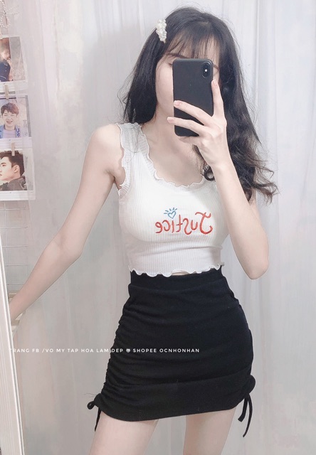 Set áo CROPTOP thêu phối chân váy rút dây