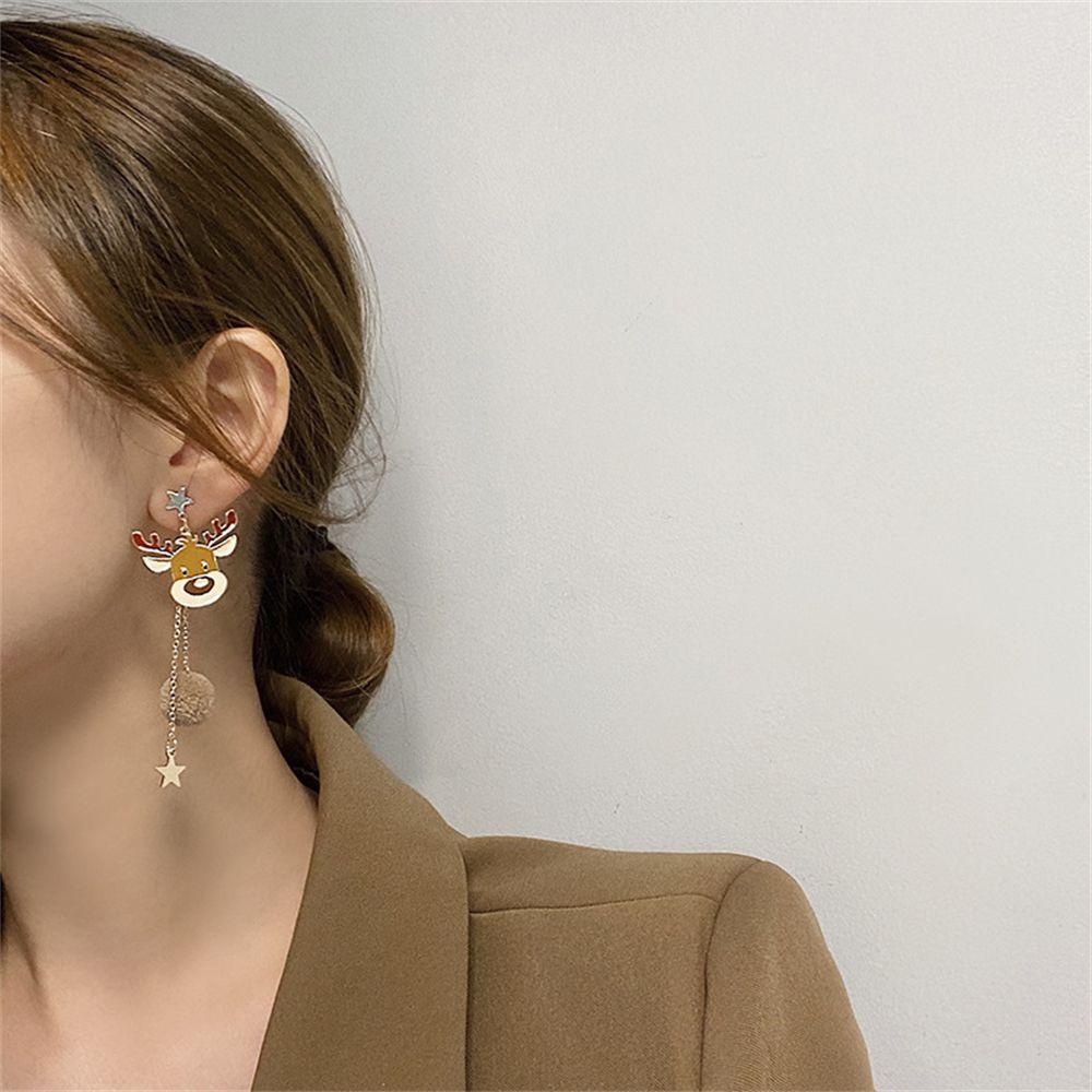 Bông Tai Dáng Dài Phối Cục Bông Xinh Xắn Thời Trang Giáng Sinh