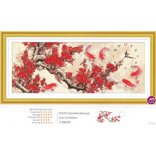 Tranh đính đá đồng hồ Mai Khai Phú Quý. Kích thước: 118x50cm