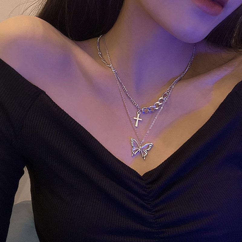 Vòng cổ Dài Hai Lớp Mặt Hình Bướm Chữ Thập Phong Cách Hip Hop Thời Trang Unisex