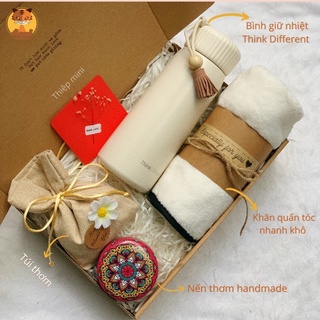 Cute Gift Box - bộ quà tặng 6 món với bình giữ nhiệt, khăn quấn tóc nhanh khô, túi nụ thơm, nến thơm handmade