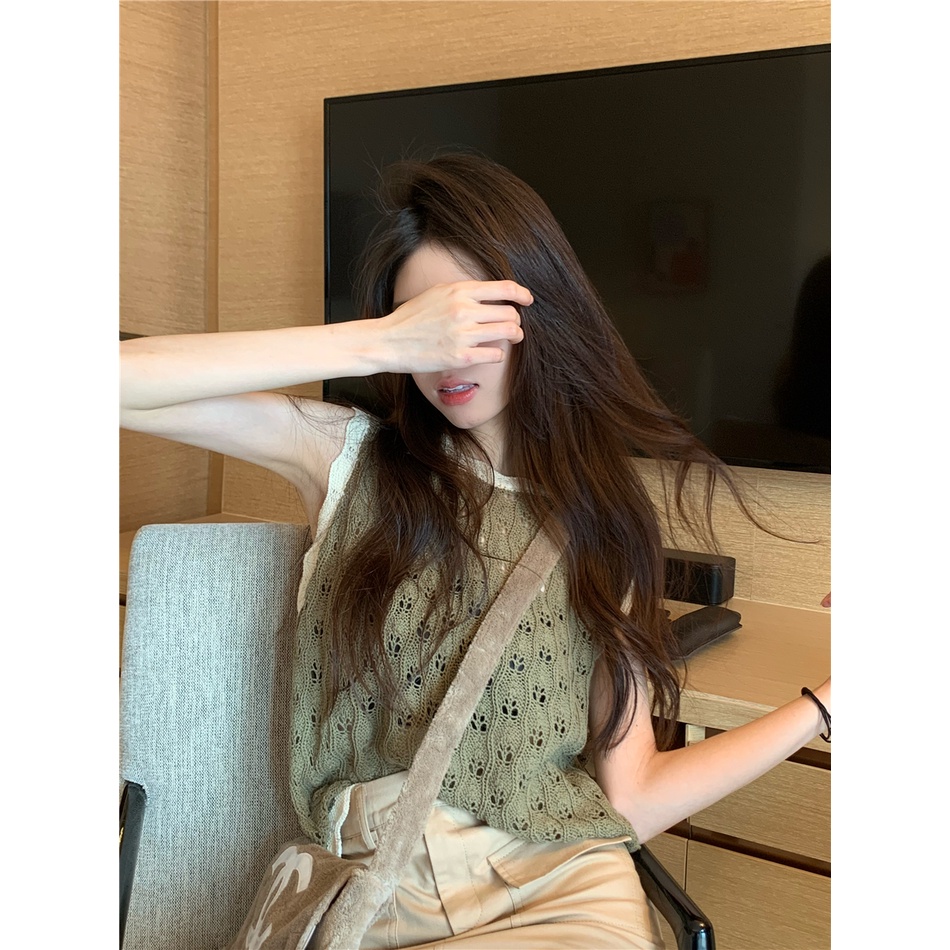 Porozi  Áo dệt kim  sát nách cổ tròn phong cách Hàn Quốc cho nữ