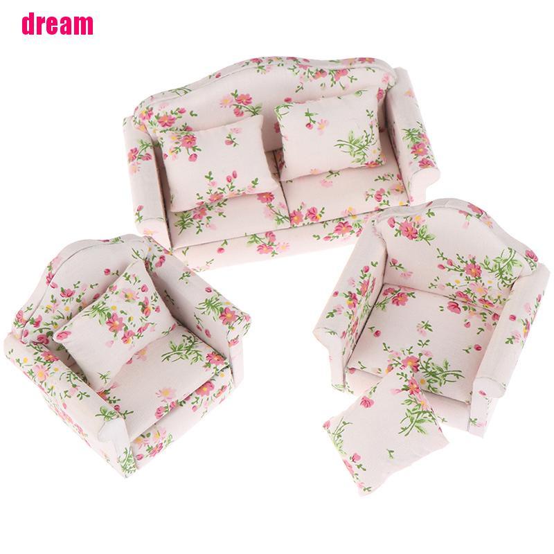 Bộ 3 Mô Hình Ghế Sofa Gỗ Với 4 Đệm Mini Tỉ Lệ 1: 12 Trang Trí Nhà Búp Bê