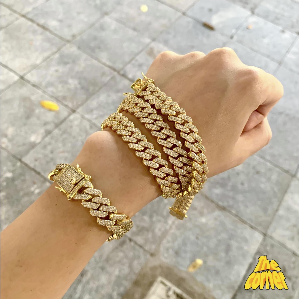 Vòng tay đính đá lấp lánh Cuban Chain Nam Nữ titan không gỉ 18cm Kèm Hộp