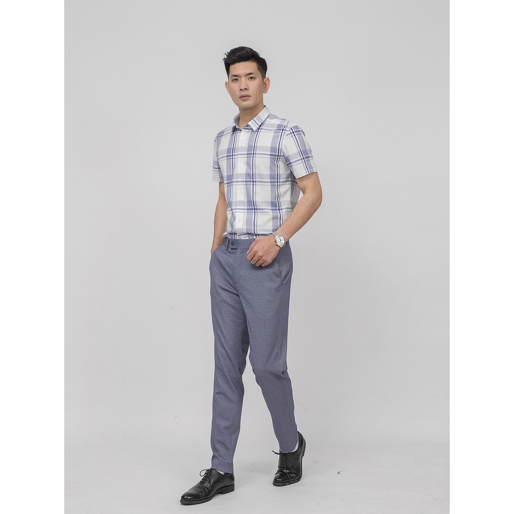 Áo Sơ Mi Nam Tay Ngắn Aristino ASS022S9 Màu Trắng Caro Xanh Nhạt  Dáng Slim Fit Vải Sợi Sồi
