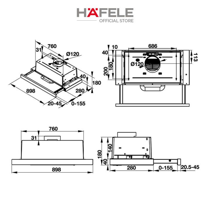 Máy Hút Mùi Âm Tủ HAFELE HH-TI90D (90cm) - 539.81.085 Xuất Xứ Châu Âu Kèm Than Hoạt Tính