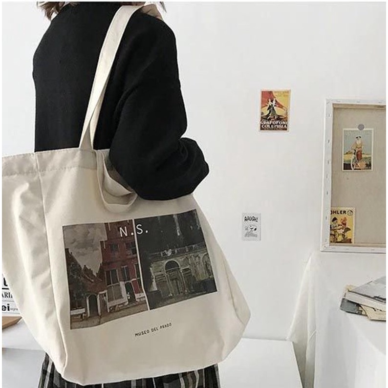 Túi tote vải Canvas bảo tàng Prado, túi trong có khóa kéo, phong cách thời trang Hàn Quốc