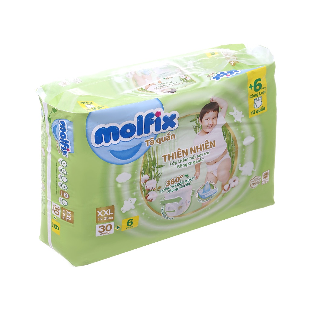 Tã/bỉm quần và dán molfix thiên nhiên jumbo M48,L42,XL38,XXL30,XXXL24
