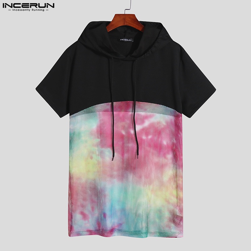 INCERUN Áo Hoodie Ngắn Tay Nhuộm Màu Phối Màu Thời Trang Cho Nam