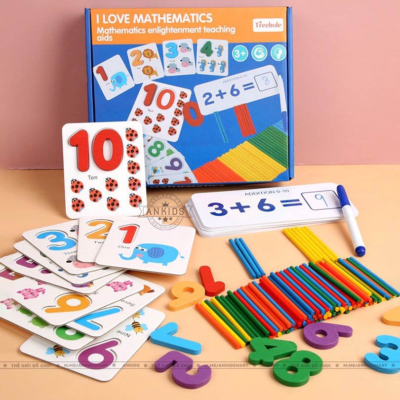 bộ thẻ ghép số và phép hình tính kèm que tính giúp bé học toán dễ dàng , giáo cụ montessori