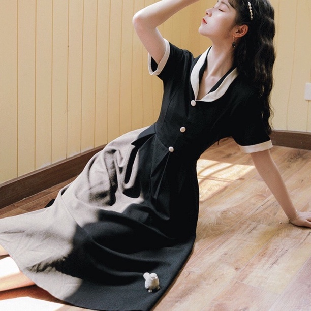 Đầm Tiểu thư vintage Màu Trơn Phong Cách Hàn Quốc Thời Trang Cho Nữ